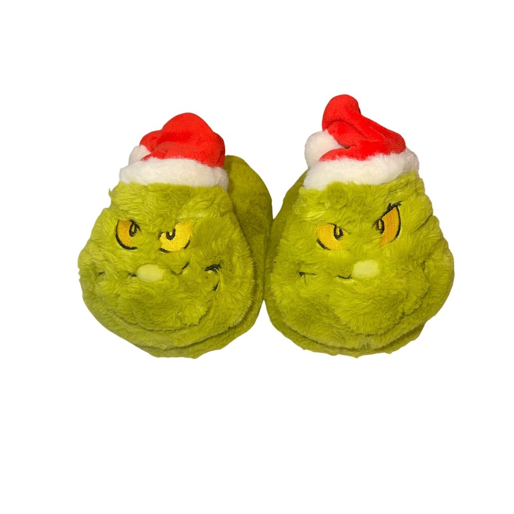 The Grinch Plush Santa Hat Character Slippers Green Youth Large Holiday Novelty